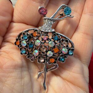 Ballerina Brooch Rhinestone Dancer Openwork Statement Pin – approx 2.5”